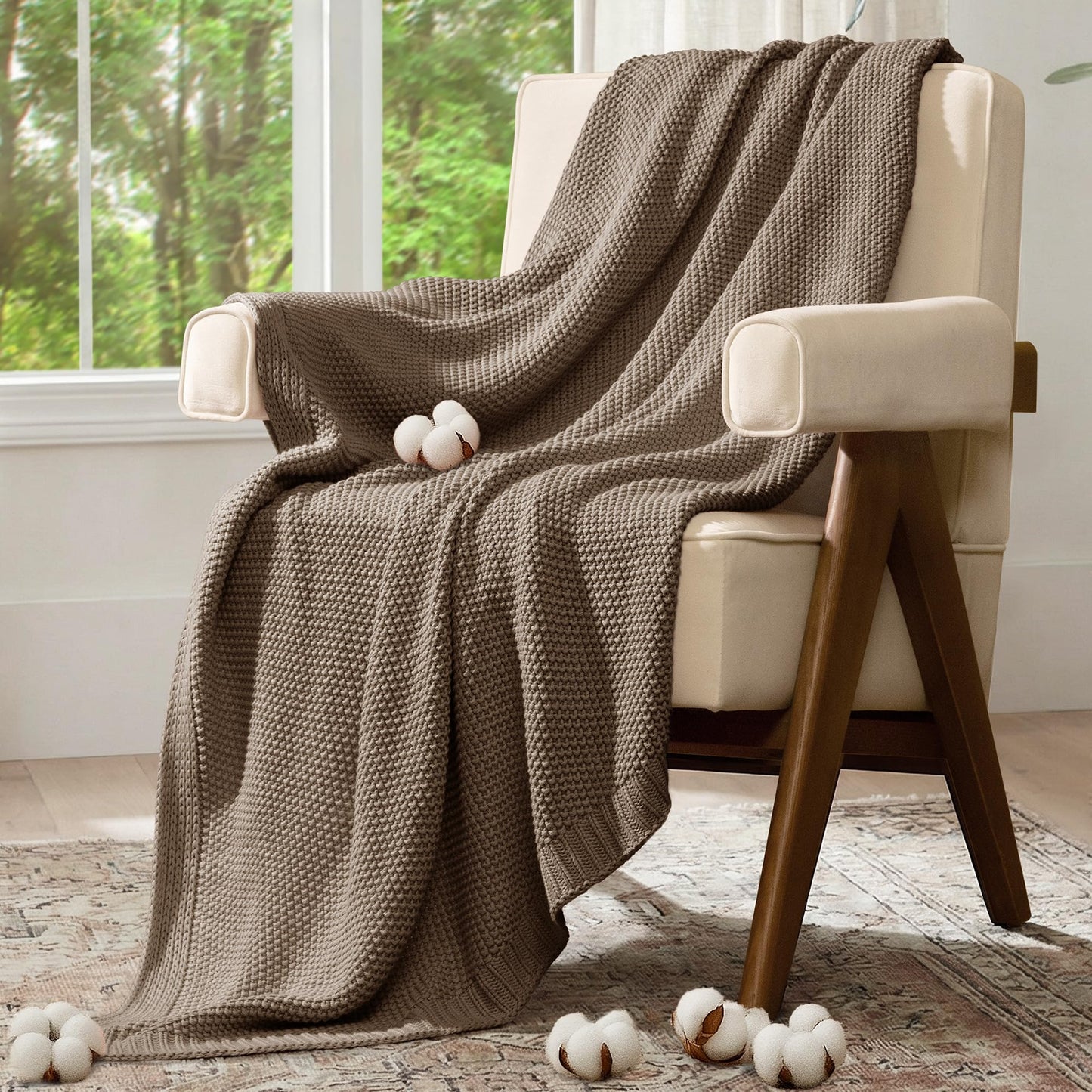 blunique 100% Cotton Cable Knit Throw Blanket, Lightweight Soft Knit Blanket for Sofa Couch Bed, Breathable All-Season Throw, Cozy Decorative Blanket, 50 x 60 Inch,Taupe