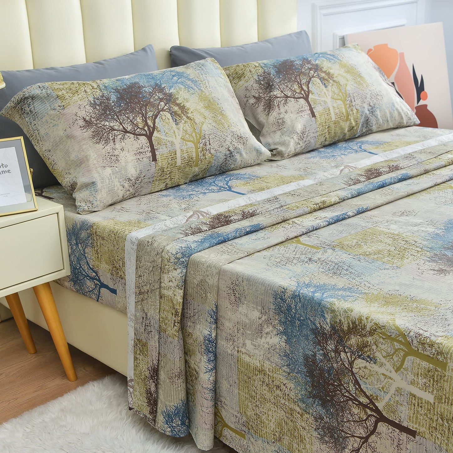 JSD Rustic Print Sheet Set King Size,4 Piece Tree Pattern Soft Microfiber Bed Sheets Extra Deep Pocket