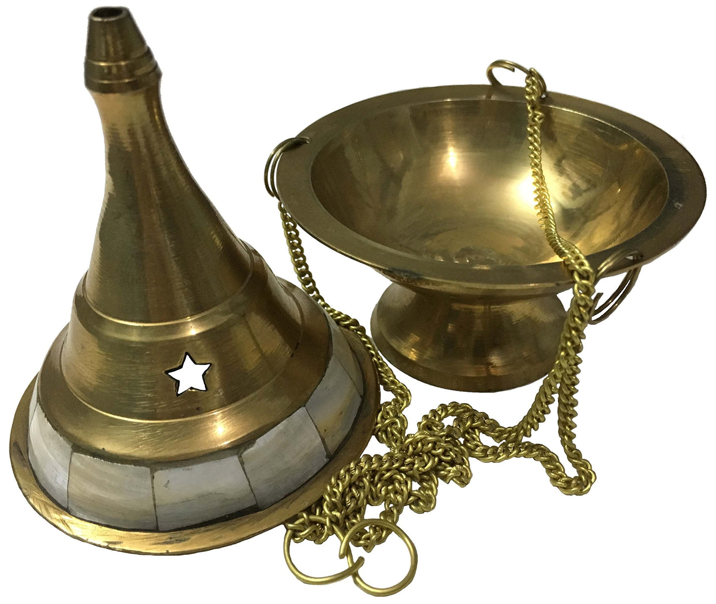 Vrinda® Brass Hanging Censer/Charcoal Incense Burner Studded with Pearl Stone | Traditional Aromatherapy Tool for Home and Meditation Spaces | Beautiful Hanging Design| 4'' High (Gold)