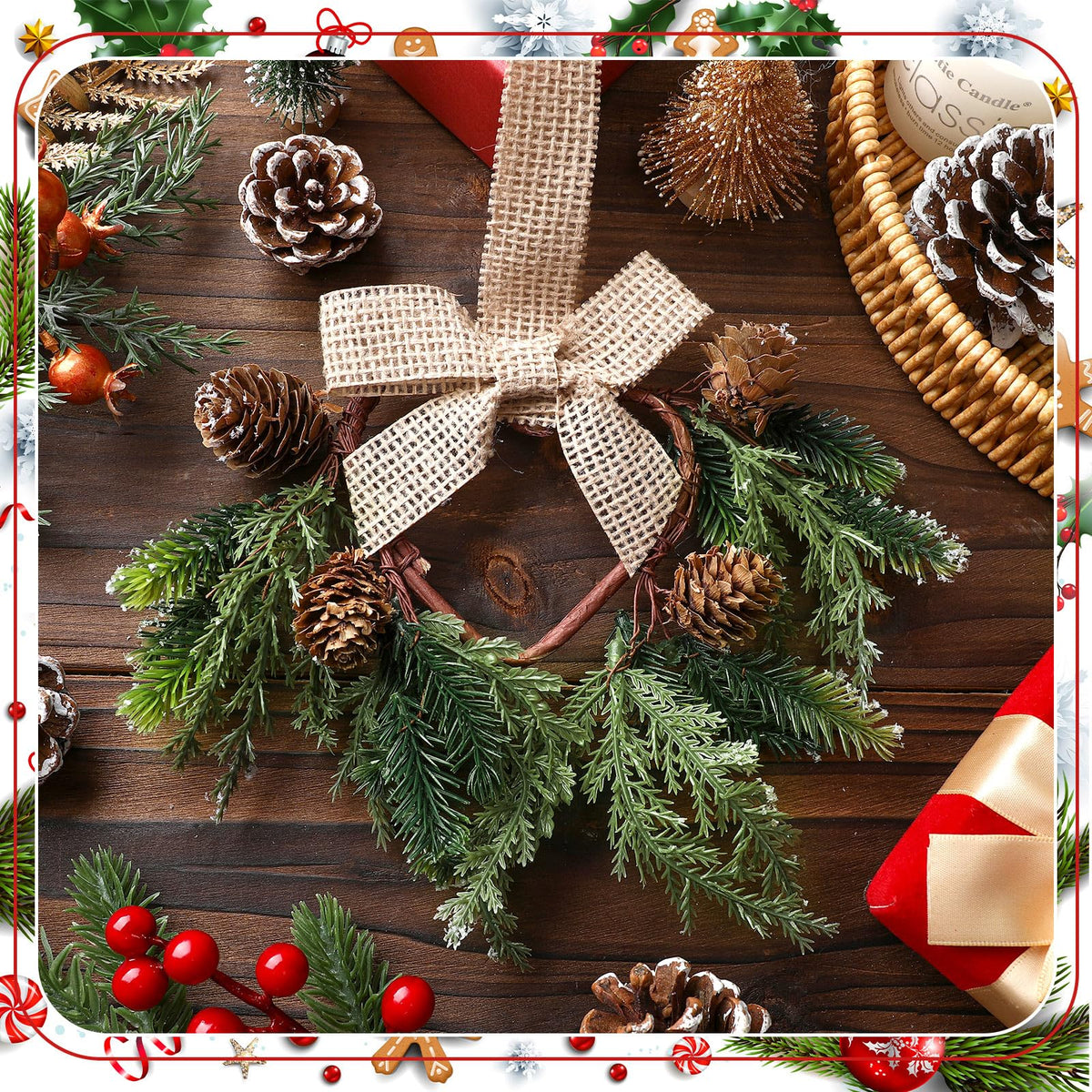 Dingion 6 Pcs 6" Christmas Mini Cabinet Cedar Wreaths for Kitchen with Ribbon Bows Artificial Cedar and Pine Cone Small Window Wreath for Window Door Farmhouse Christmas Party Decorations