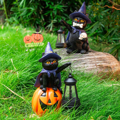 WONDHOME Halloween Black Cat Decor Spooky Solar Cat Garden Statues Holding Skull with LED Lantern Halloween Outdoor Decorations for Porch Patio Yard Lawn Holiday Gardening Gifts for Women