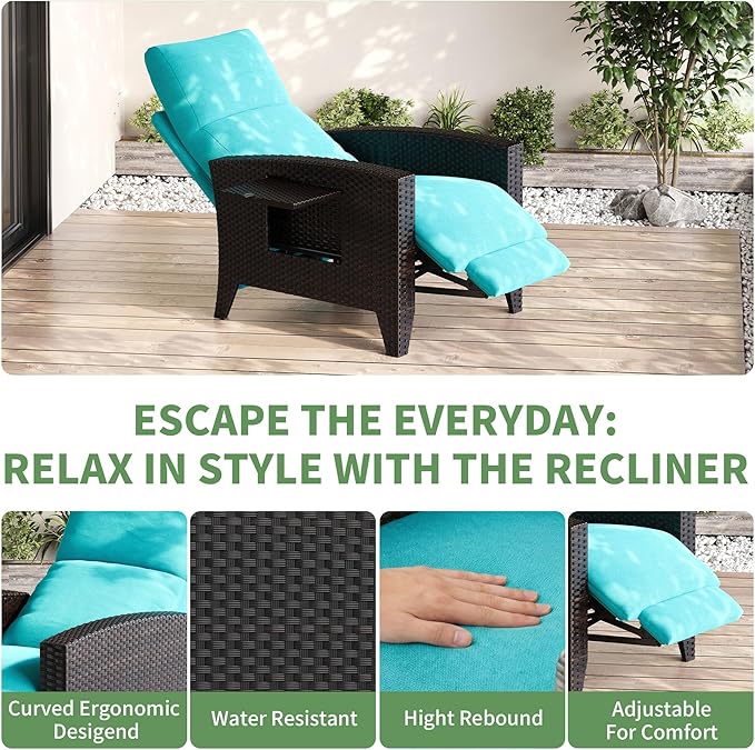 IDEALHOUSE Wicker Outdoor Recliner Reclining Patio Chairs with Adjustable Back & Footrest 150° Lay-Flat Reclining with Air Pump Rattan Flip-Up Side Table Outdoor Lounge Chairs for Pool Deck Balcony