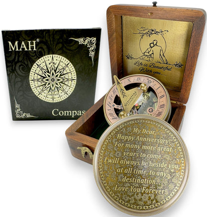 Anniversary Brass Sundial Compass Gift for Him or Her – Keepsake for Husband, Wife or Couple – 50th 40th 25th 20th 1st Year Wedding or Love Celebration – Engraved or Embossed Romantic Quote Compass
