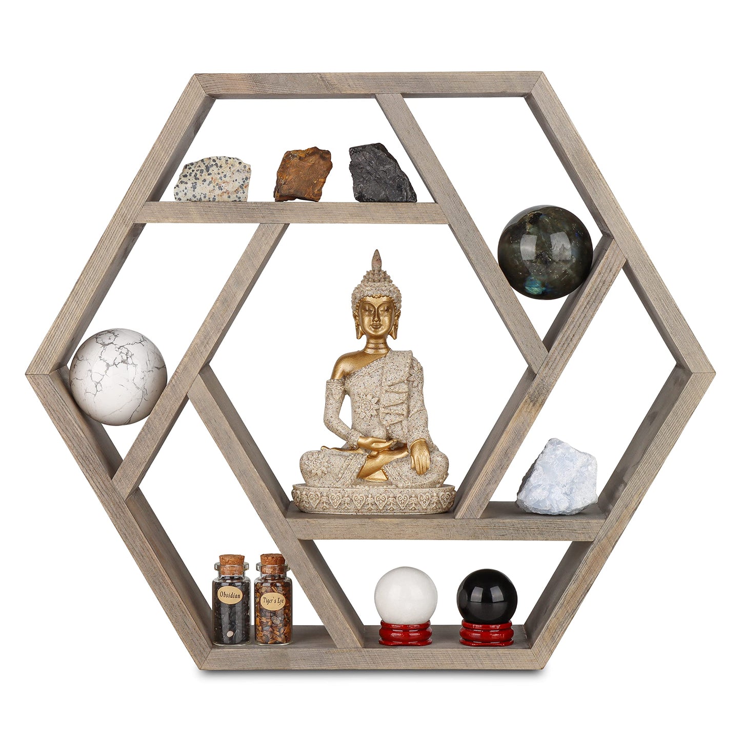 Venture Decor Crystal Display Shelf for Healing Stones and Zen, Essential Oil Shelf for Chakra, Tabletop or Floating Hexagon Shelves for Meditation, Buddha and Spiritual Decor