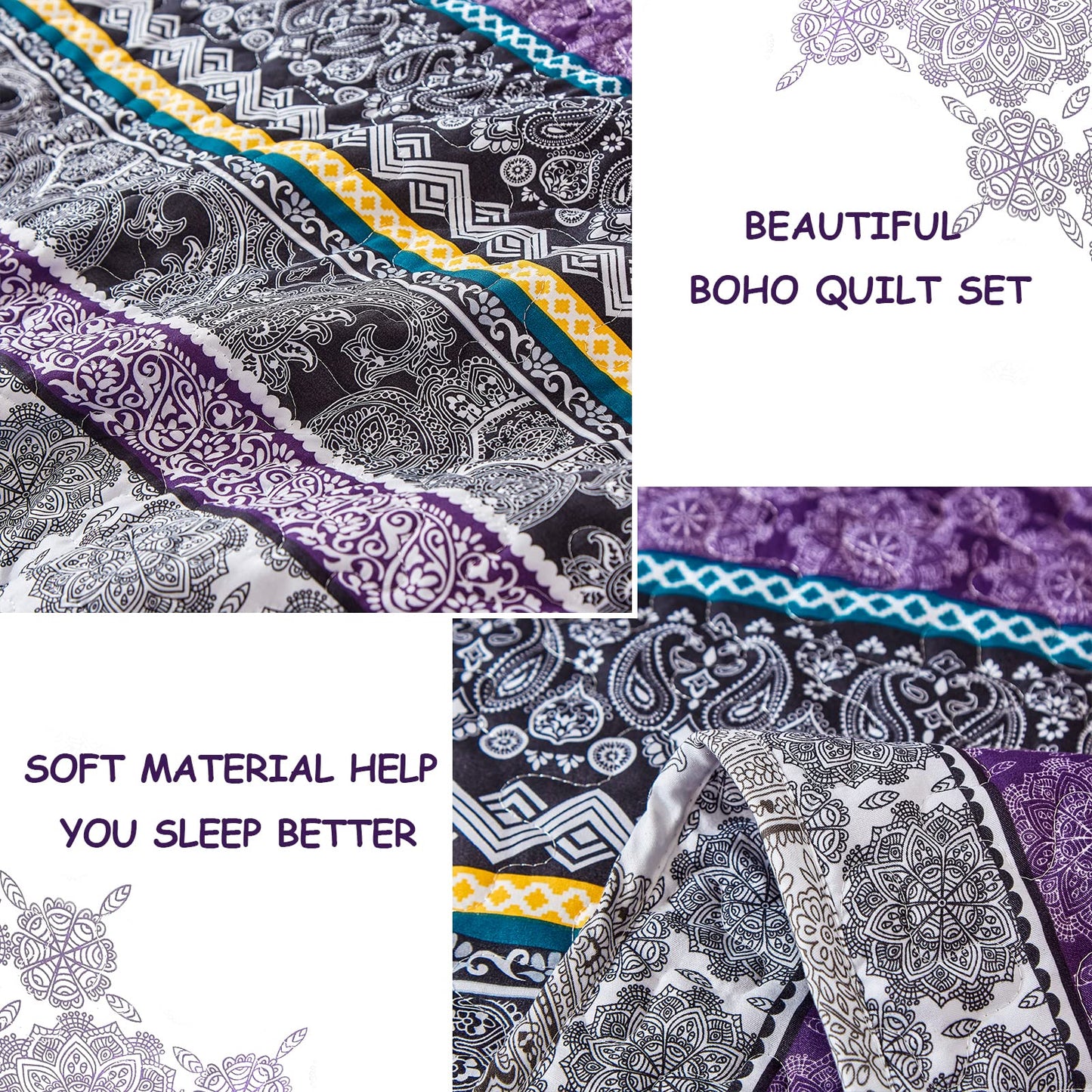 WONGS BEDDING Boho Quilt Set King Size, Purple Bohemian 3 Pieces Quilt Sets, Lightweight Bedspread Coverlet Bedding Set for All Season (103"x90")