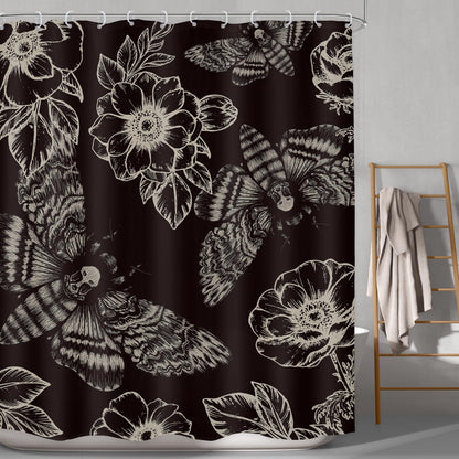 LGhtyro Gothic Skull Moth Halloween Shower Curtain Bathroom Set 60Wx71H Inches Witchy Scary Black Flower Death Head Mysterious Butterflys Bath Accessories Men Art Home Decor Fabric 12 Pack Hooks