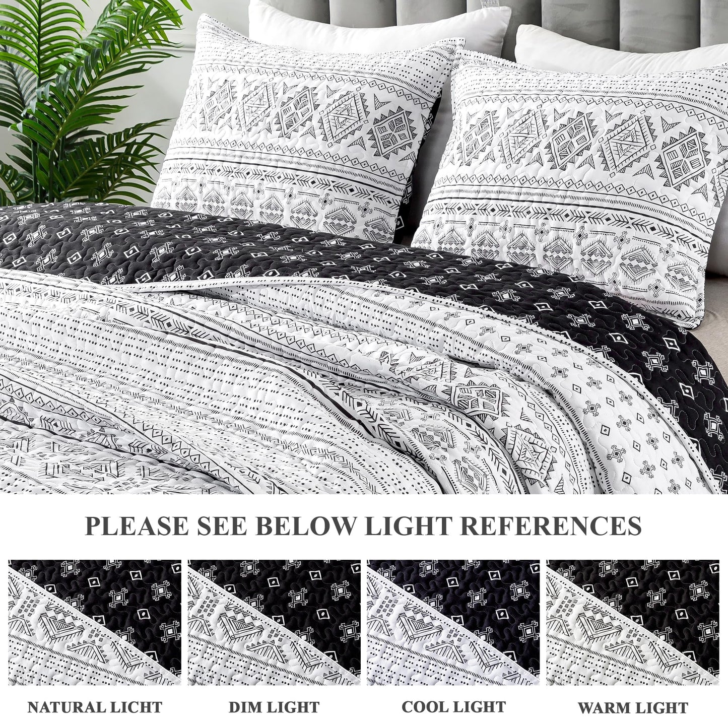 Andency Black White California King Quilt Set, 3 Pieces Boho Lightweight Soft Striped Cal King Bedspread for All Season (112"x104"), Printed Bohemian Polyester Reversible Coverlet Comforter Sets