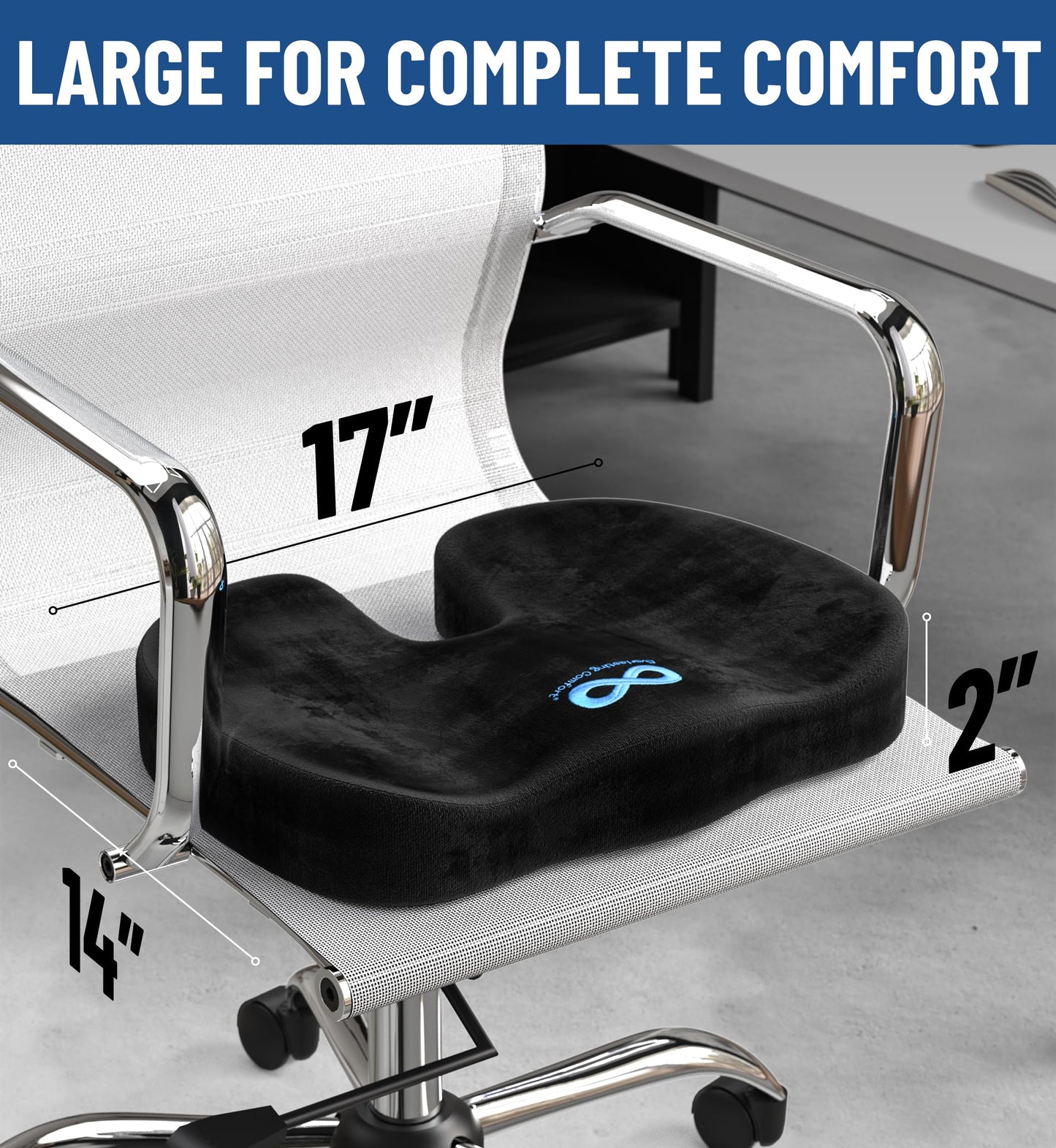 Everlasting Comfort Seat Cushion – Memory Foam Portable Desk Chair Cushion Pad for Office Chair, Car, Travel, Long Sitting, Gaming, Non-Slip Base, Black
