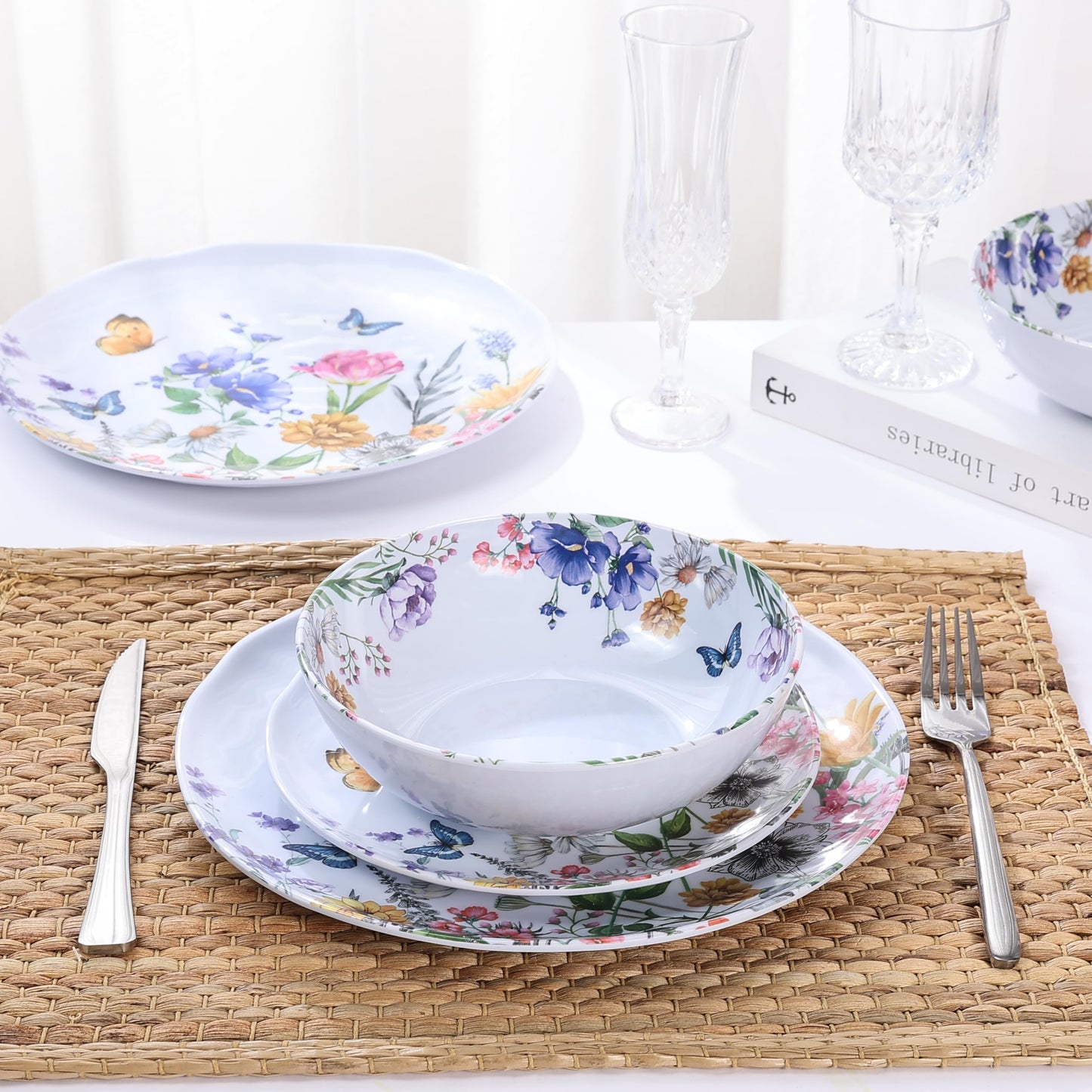 Lechoo 12 Piece Melamine Dinnerware Sets - Plates And Bowls Sets Floral Dinnerware Sets- Spring Camping Dishs Indoor Outdoor Use,Flowers And Butterflies Pattern