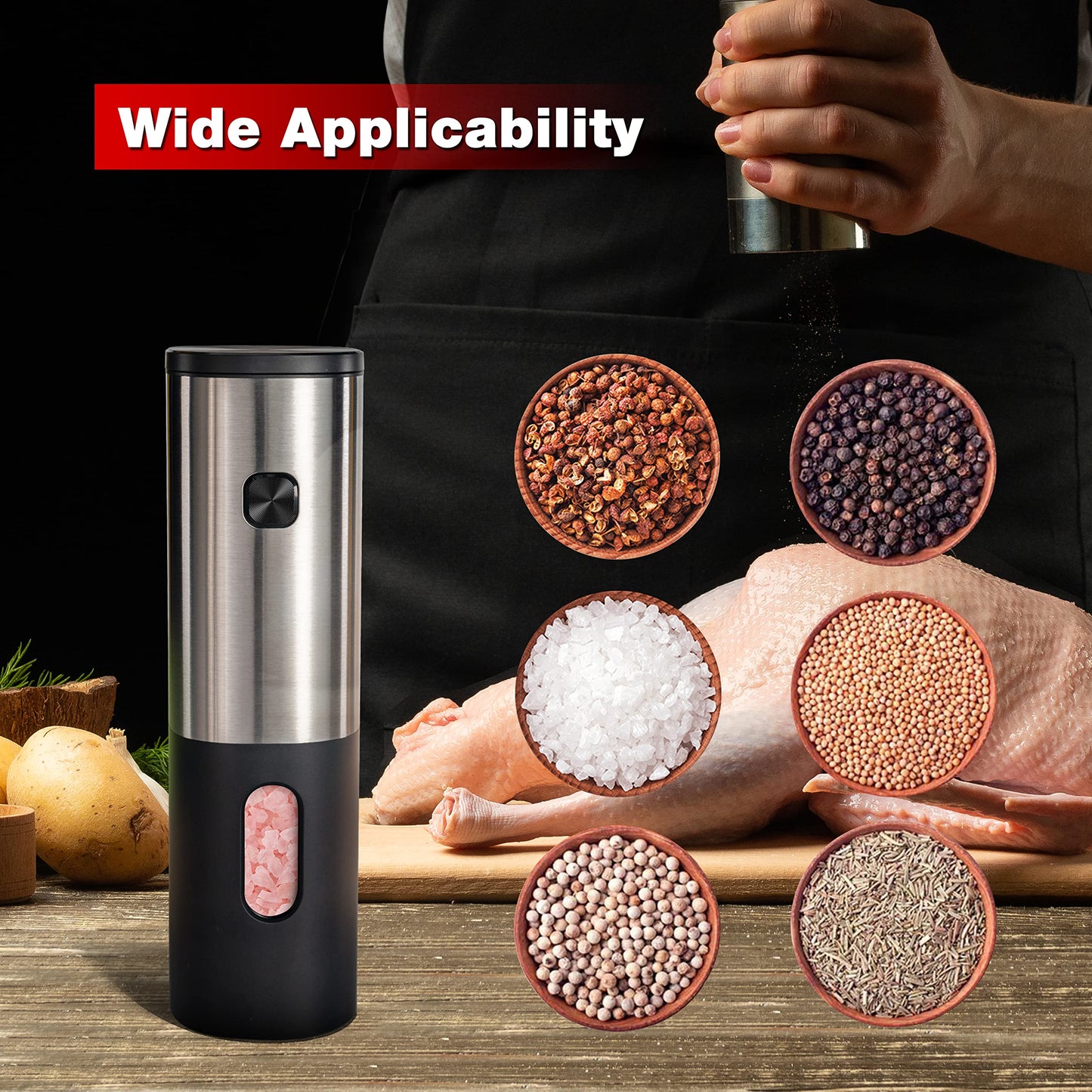 Battery Operated Salt and Pepper Grinder Set, Electric Salt Grinder with Storage Base, One Hand Automatic Operation, Stainless Steel Black 2 Pack