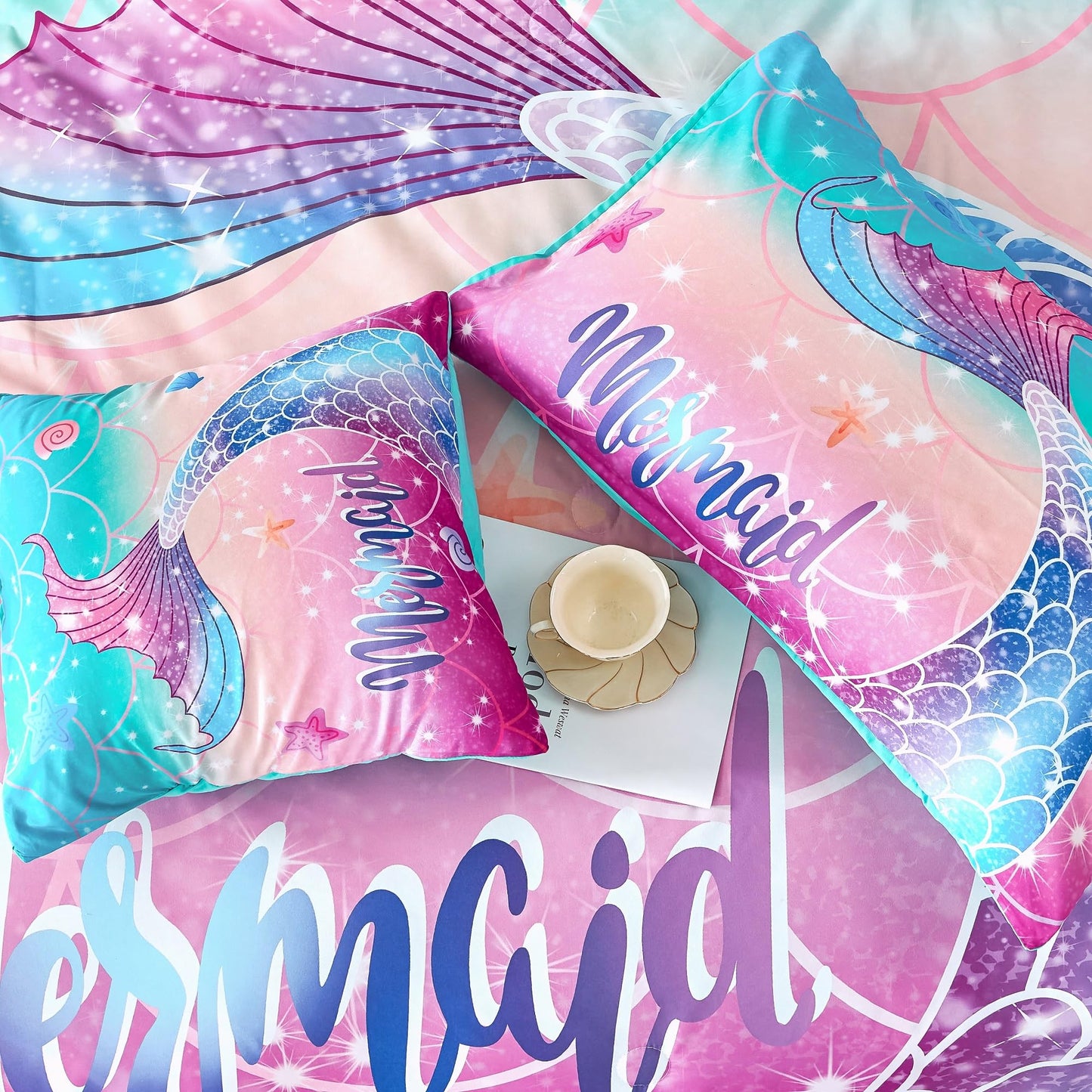 RYNGHIPY Kids Girls Comforter Set 6Pcs, Mermaid Bed in a Bag Twin Size, Fish Tail Print Teens Girls Bedding Set, Rainbow Bedding Collections