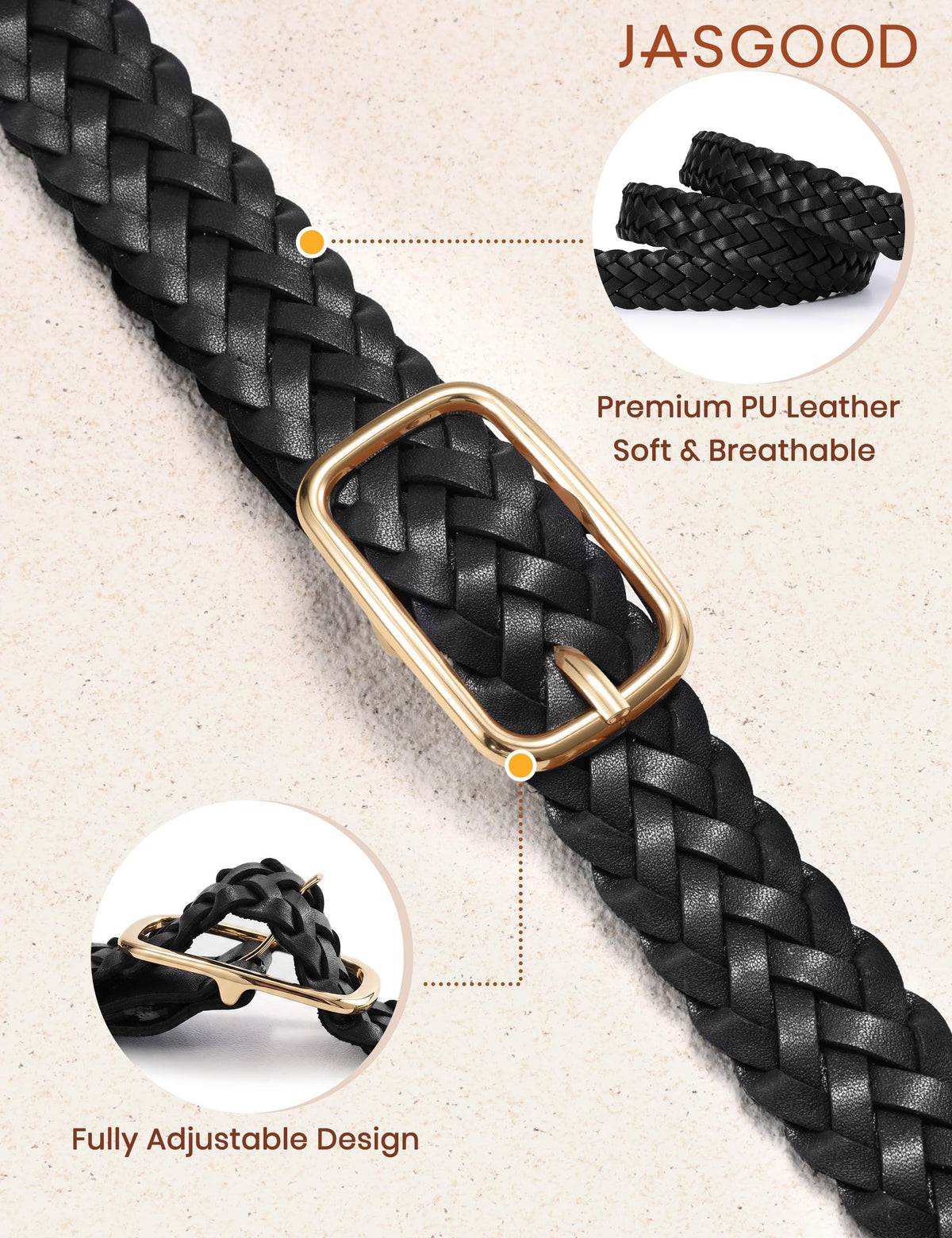 JASGOOD Women Braided Leather Belt Adjustable Plus Size Waist Belt Woven Fashion Casual Belt for Jeans Pants Dresses with Gold Buckle, Black