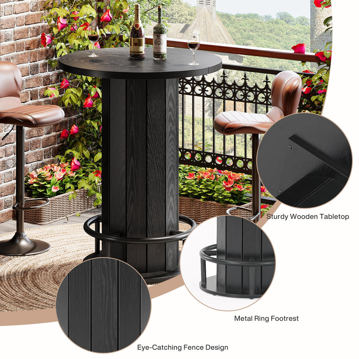 Tribesigns Round Bar Table, 39.4" H Wood Bistro Pub Table with Metal Ring Footrest for Dining Coffee Cocktail Living Room, Small Space, Black (Only Table)