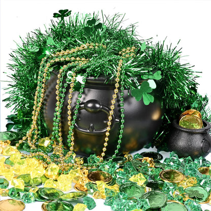 St Patrick's day 8" Black Cauldron Candy Kettle Set with Lucky Shamrock Plastic Coins Shamrock Garlands for St Patty Decorations, St. Patricks Day Party Favor