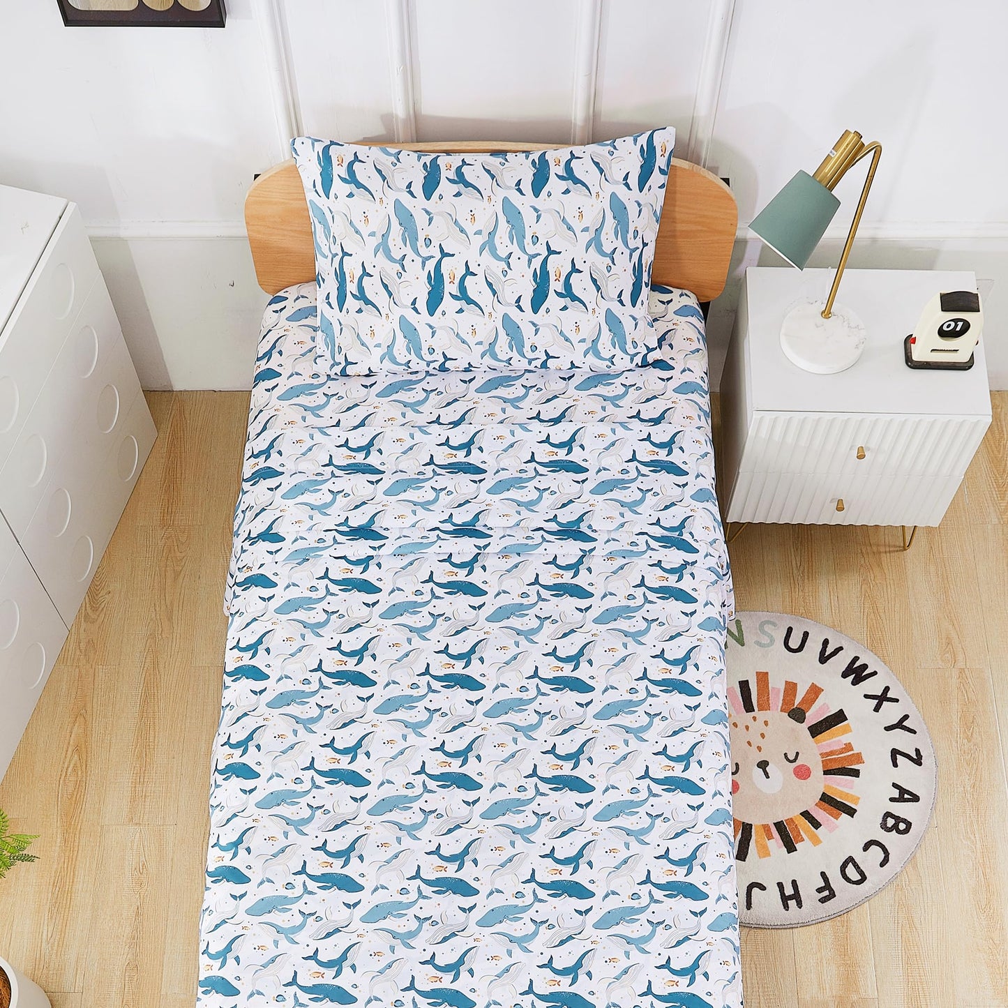 lasoftan Kids Sheet Set Twin Size, Twin Sheet Set with Marine Whales Pattern，Breathable Silky Soft Microfiber Kids Fitted Sheet