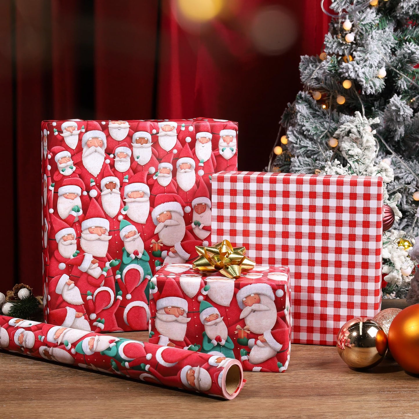 BIOBROWN Reversible Christmas Wrapping Paper - 17 Inch X 33 Feet (46.7 sq. ft. ttl.) - Joyful Santa Design Perfect for Xmas, Party, Holiday Gift Wrap