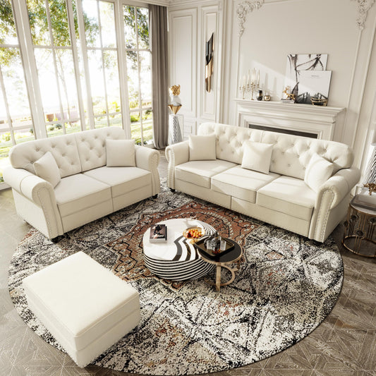 KEIKI 2-Piece Chesterfield Sofa Set with 1 Velvet 3-Seater Sofa & 1 Loveseat Sofa, Upholstered 5-Seater Couch Set with Nailhead Trim & Rolled Arms & 1 Ottoman & 5 Pillow, for Living Room, White
