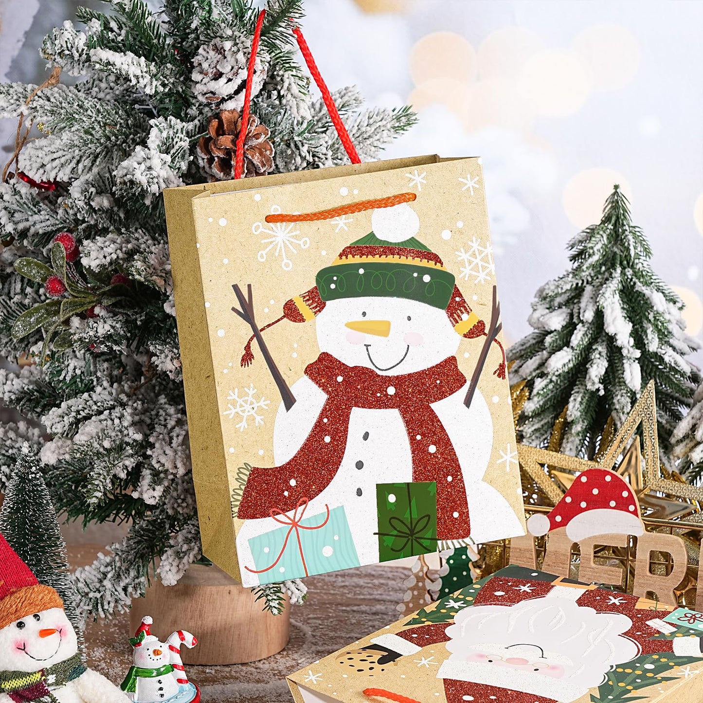 Loveinside Christmas Gift Bags Set, Glitter Foil Santa, Penguin, Snowman & Polar Bear Design, Medium Size Bags with Handle, Tissue Paper for Christmas Gifts & Party Favors, 4 Pack, 7" X 4" X 9"
