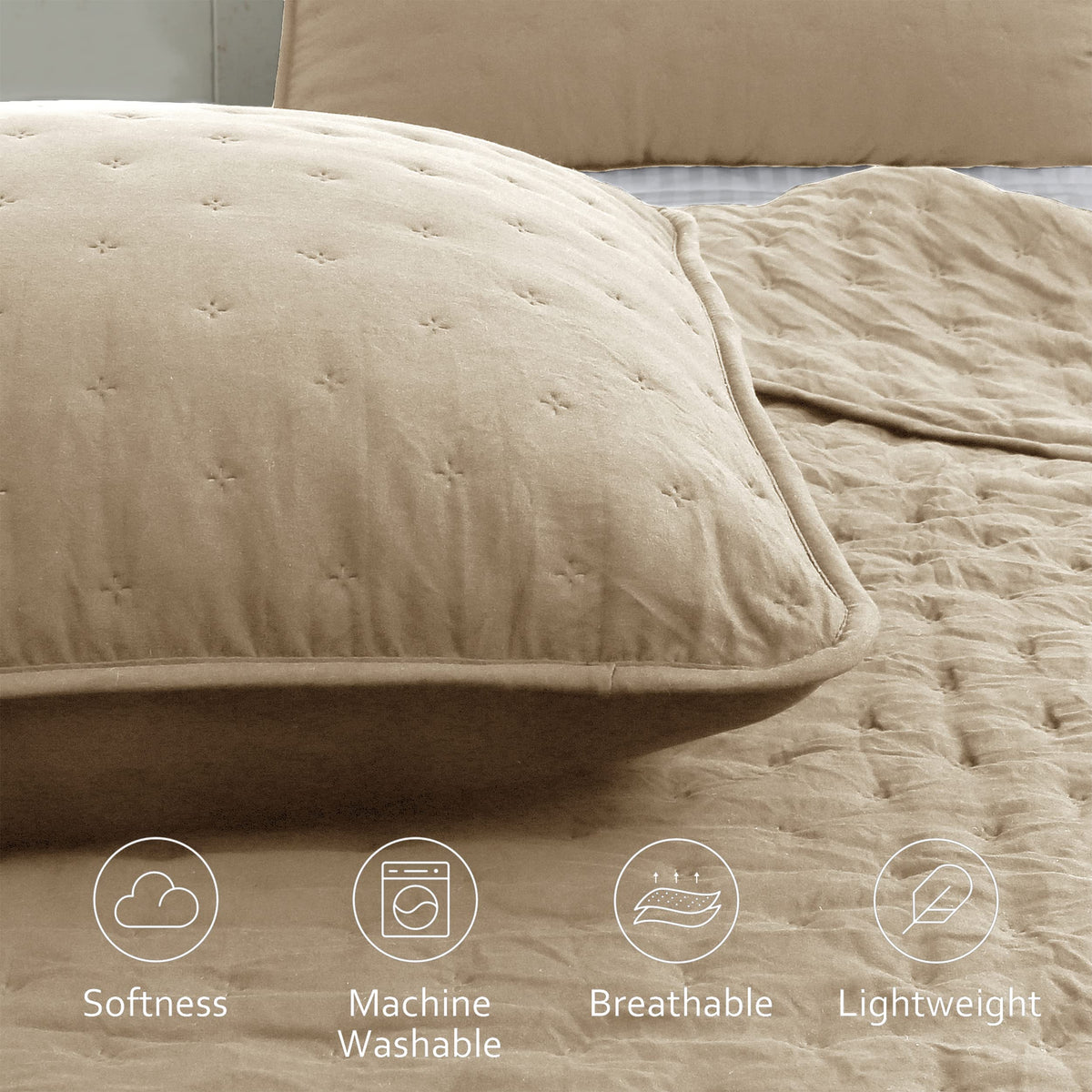 ROARINGWILD Beige Cloud Queen Size Quilt Bedding Sets with Pillow Shams, Farmhouse Lightweight Soft Bedspread Coverlet, All Season Rustic Country Thin Comforter, 3 Pieces, 90x90 inches, Tan Cream