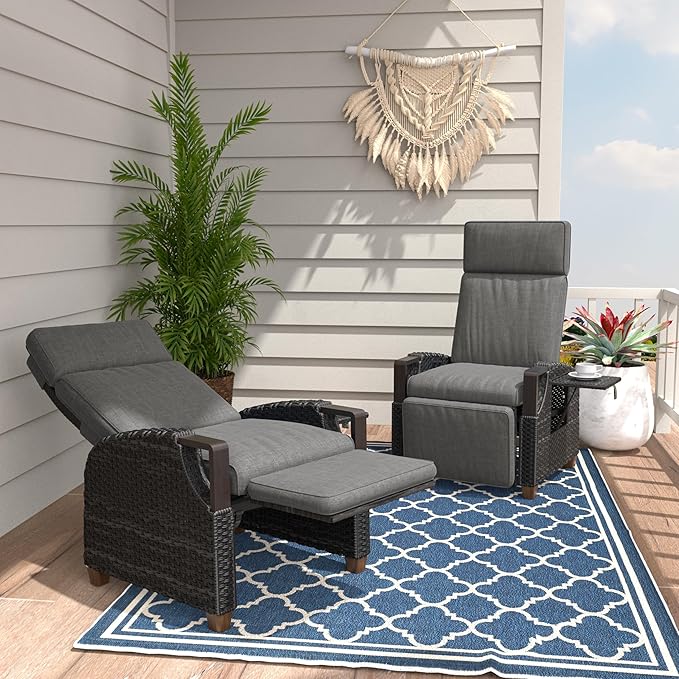 Grand patio Outdoor Recliner Air Pump 150° Lay Flat Reclining Chair with Independent Adjustable Back and Footrest Removable Olefin Cushion Flip-Up Table Wicker Grey 2PCS