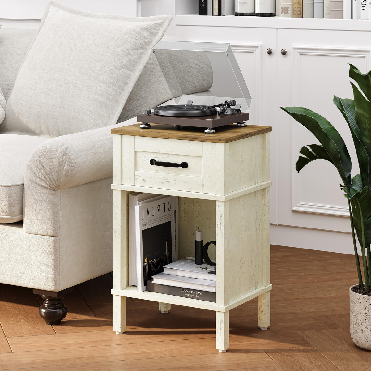 YAUKTAK White Farmhouse Nightstand with Drawer, Small Wooden Bedside Table, White End Table, Bedroom Side Table with Storage, Rustic Wood Night Stand LET512WR