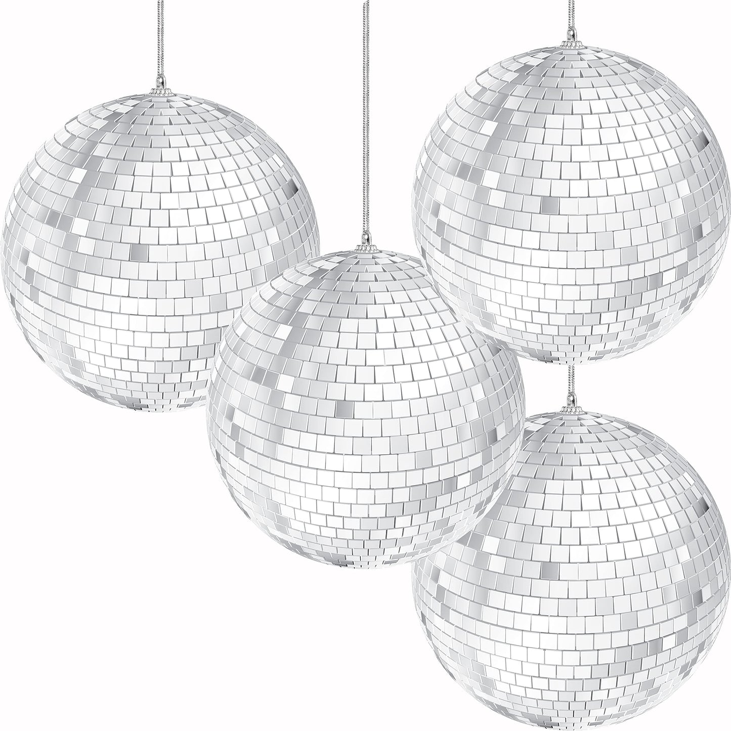 The Dreidel Company Mirror Disco Ball 3" Inch Silver Hanging Ball with Attached String for Hanging, Reflects Light, Party Favor (Pack of 4)