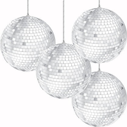 The Dreidel Company Mirror Disco Ball 3" Inch Silver Hanging Ball with Attached String for Hanging, Reflects Light, Party Favor (Pack of 4)