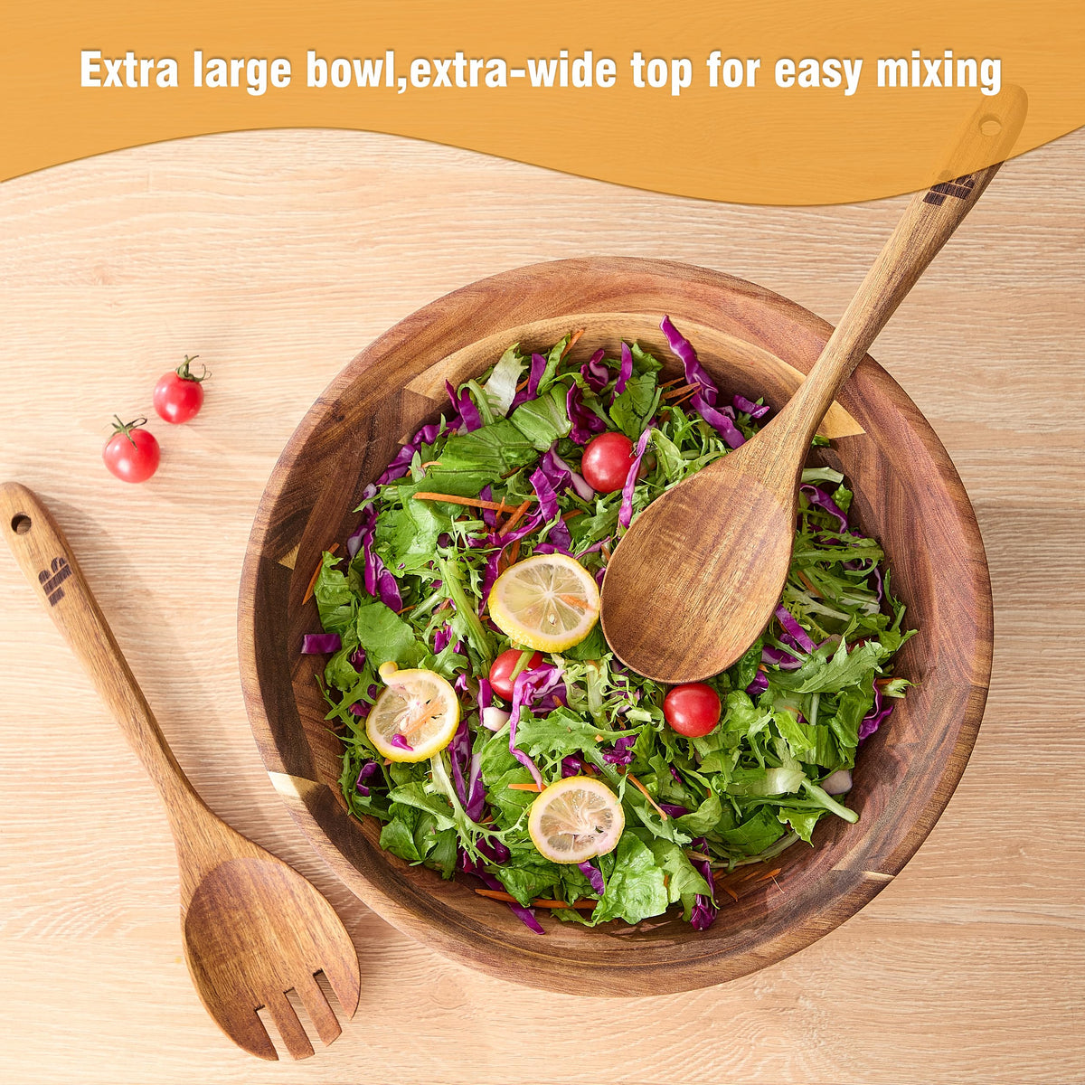 Wooden Salad Bowls with Serving Utensils, Large 12.5" Acacia Wooden Bowls for Food, Perfect as Fruit Bowl, Serving Bowls, Mixing Bowls, Handmade, Durable and Stylish Natural Wood Dinning Accessory