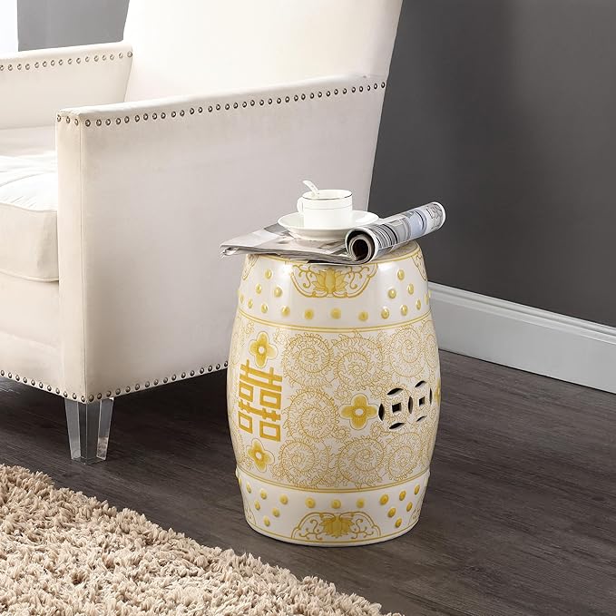 JONATHAN Y TBL1013B Double Happiness 18" Chinoiserie Ceramic Drum Indoor/Outdoor Garden Stool Bohemian, Coastal, Classic, Cottage,Traditional, Patio, Garden, Bathroom, Living Room, Yellow/White