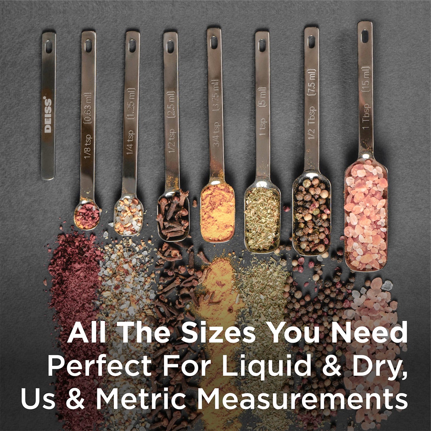 Deiss PRO Heavy Duty Stainless Steel Measuring Spoons for Cooking Spices Dry or Liquid Ingredients Fits in Spice Jar Adjustable Measuring Spoon Set of 7 Measuring with Leveler Measuring Spoons Set