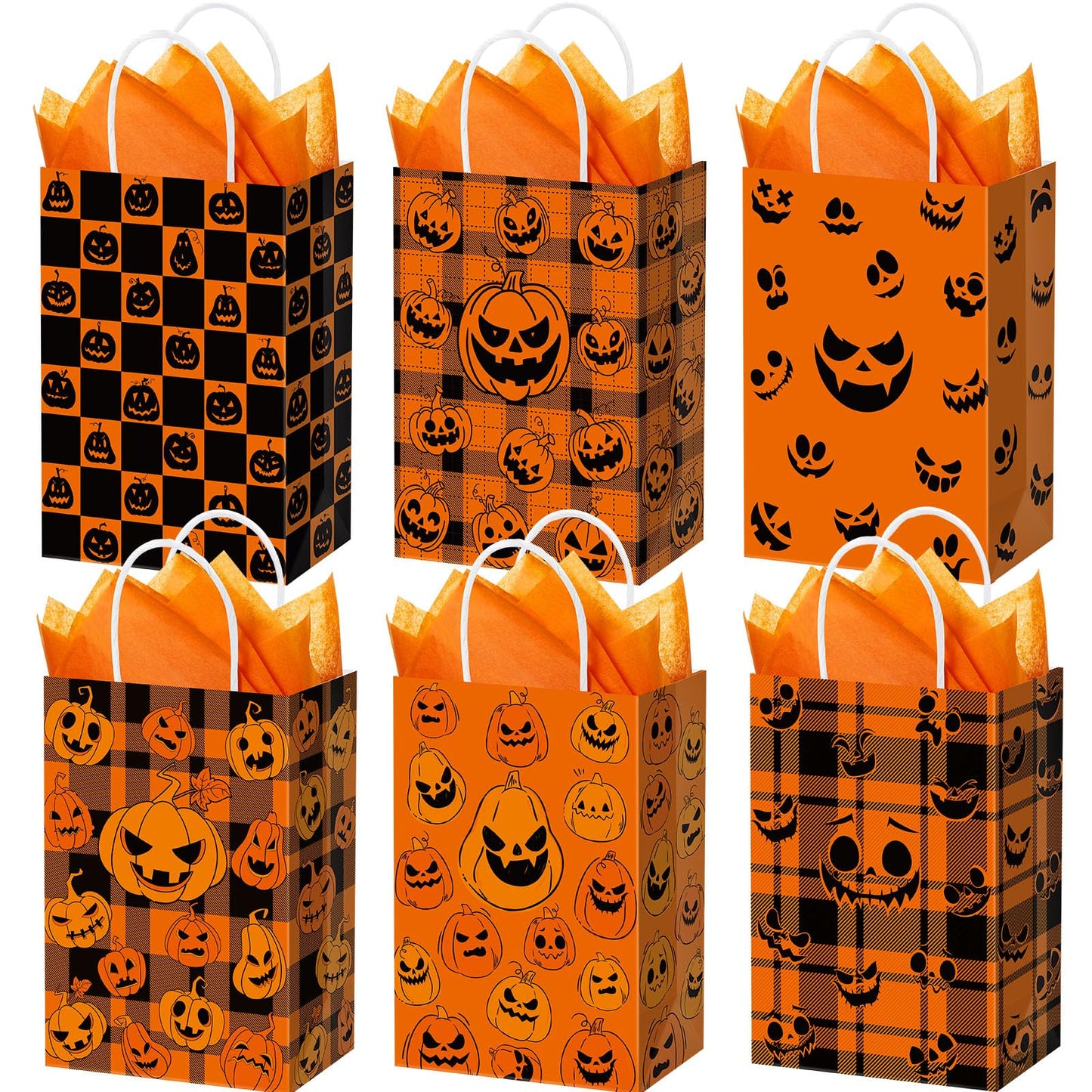 Kolldenn 24 Pcs Halloween Paper Gift Bags with Tissue Paper Pumpkin Goodie Treat Bags with Handles Wrapping Candy Party Favors Bag for Celebration Supplies Decorations