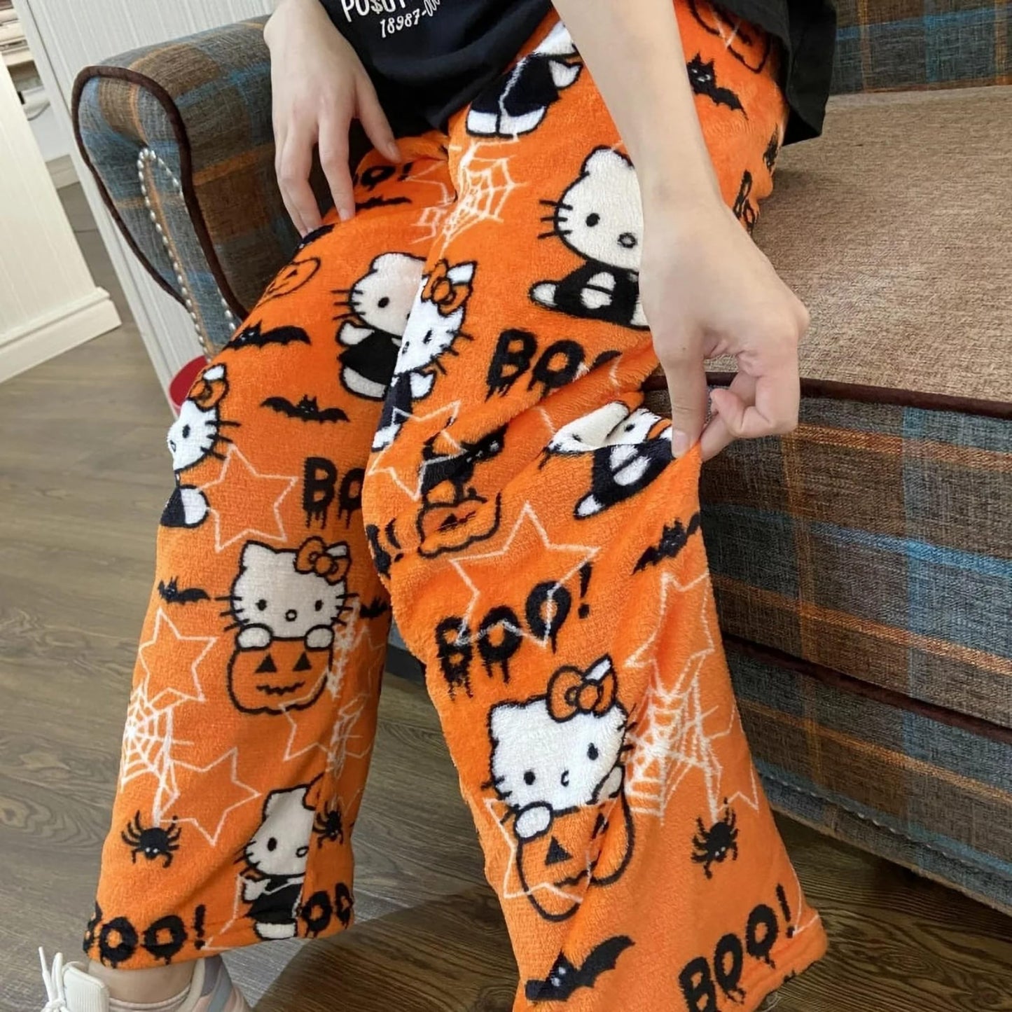 BIUGNVW Anime Women's Cartoon Family Flannel Pajama Pants - Kawaii Halloween Orange XX-Large