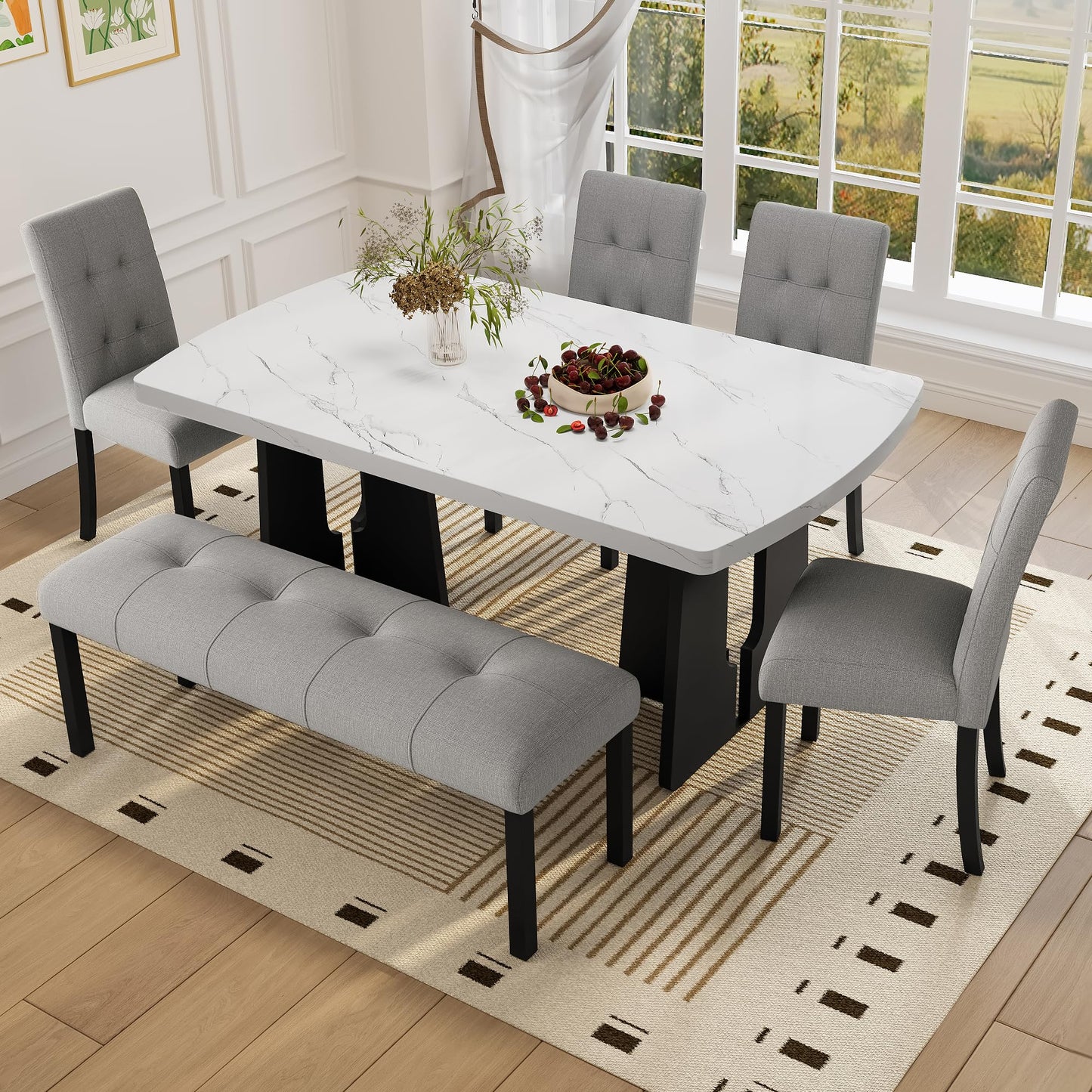 Merax 6-Piece Dining Table Set for 6, Modern Faux Marble Oval Kitchen Tabletop with Four Upholstered Chairs and One Bench for Dining, Living Room, Kitchen, Easy Assembly, White+ Gray