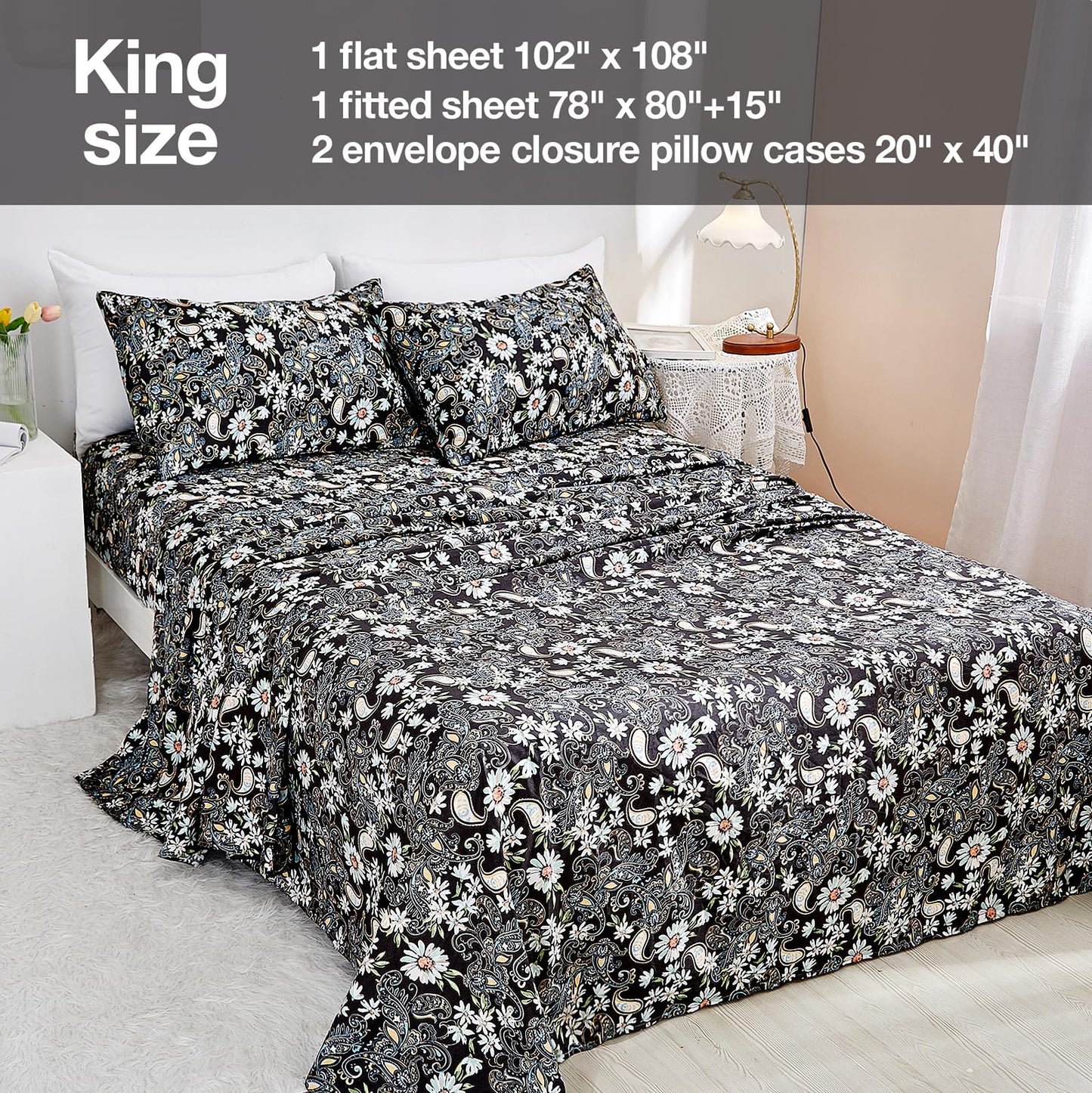 JSD Black Paisley Floral Printed Sheet Set King Size, 4 Piece Soft Pattern Microfiber Sheets Extra Deep Pocket