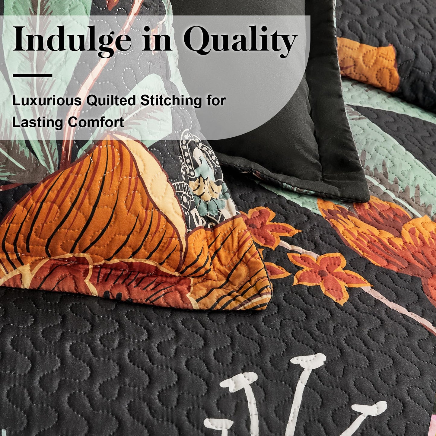 Tyrot 3 Piece Black Boho Floral Full/Queen Quilt Sets Reversible Farmhouse Botanical Lightweight Bedspread Coverlet with 2 Shams Butterfly Microfiber Bedding Quilts Set for All Season, 90''x96''