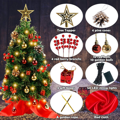 Blissun 2Ft Mini Christmas Tree, Artificial Christmas Pine Trees, Tabletop Xmas Tree, Mini Christmas Pine Tree with LED Lights, Star Tree Topper and Christmas Ornaments for Christmas Table Decorations