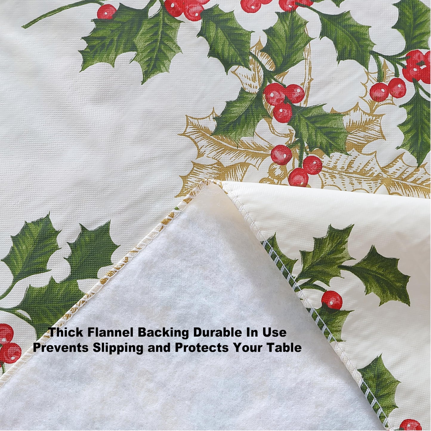 Newbridge Christmas Golden Holly Vinyl Tablecloth with Flannel Backing, Metallic Gold Holly & Berry Print, Wipe Clean Easy Care, 60 x 84 Inch Rectangle