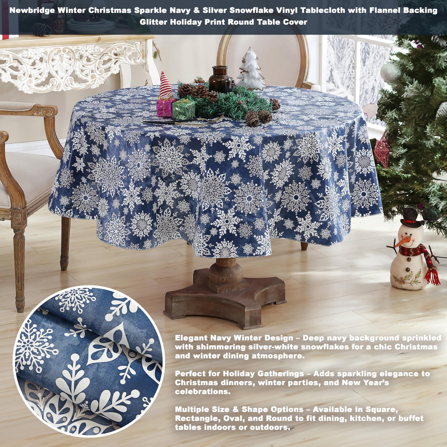 Newbridge Christmas Navy Winter Snowflake 70 Inch Round Vinyl Tablecloth with Flannel Backing – Sparkling Silver Holiday Print Easy-Care Wipe Clean Table Cover