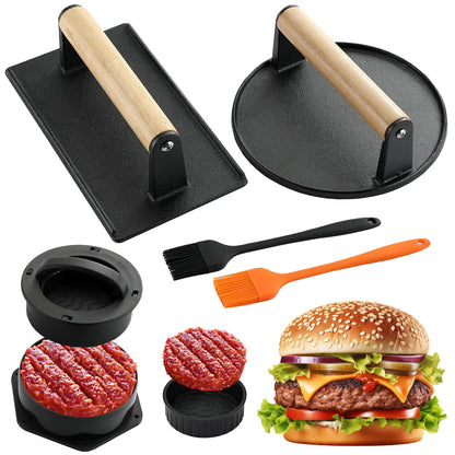 POLIGO Smash Burger Press Kit - 4 in 1 Stuffed Burger Mold, Cast Iron Burger Presses, Sauce Brushes Included - Non Stick Smash Burger Press Set for Grill and Griddle Cooking, Black Round and Rectangle