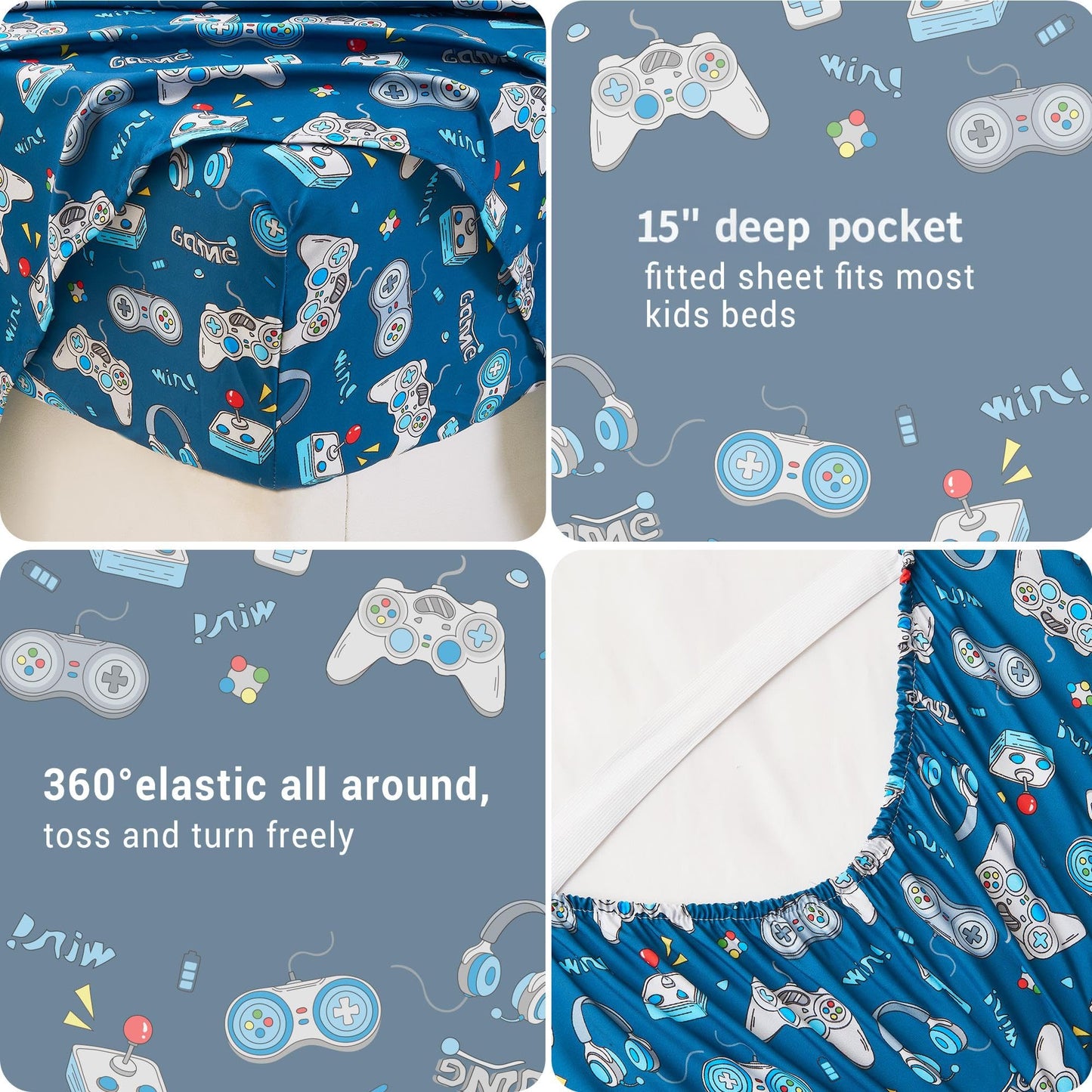 Softan Kids Bed Sheet Set, 3-Piece Twin Sheets Set, Microfiber Fitted Sheet with 15 Inches Deep Pocket and Corner Straps, Breathable & Silky Soft Game Controller Printed Sheet and Pillowcase Sets