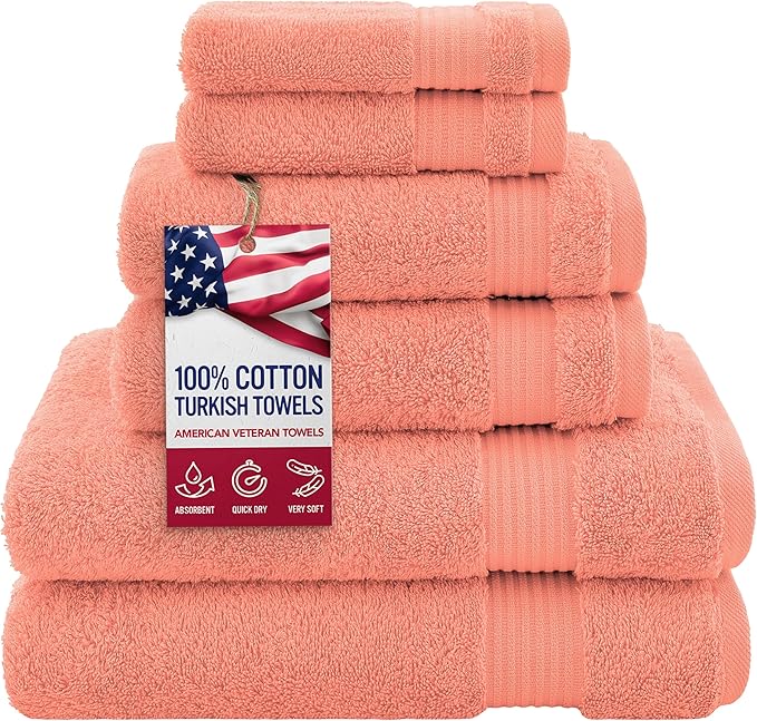 American Veteran Towel, 100% Cotton Turkish 6 Piece Towel Set, Luxury Towels