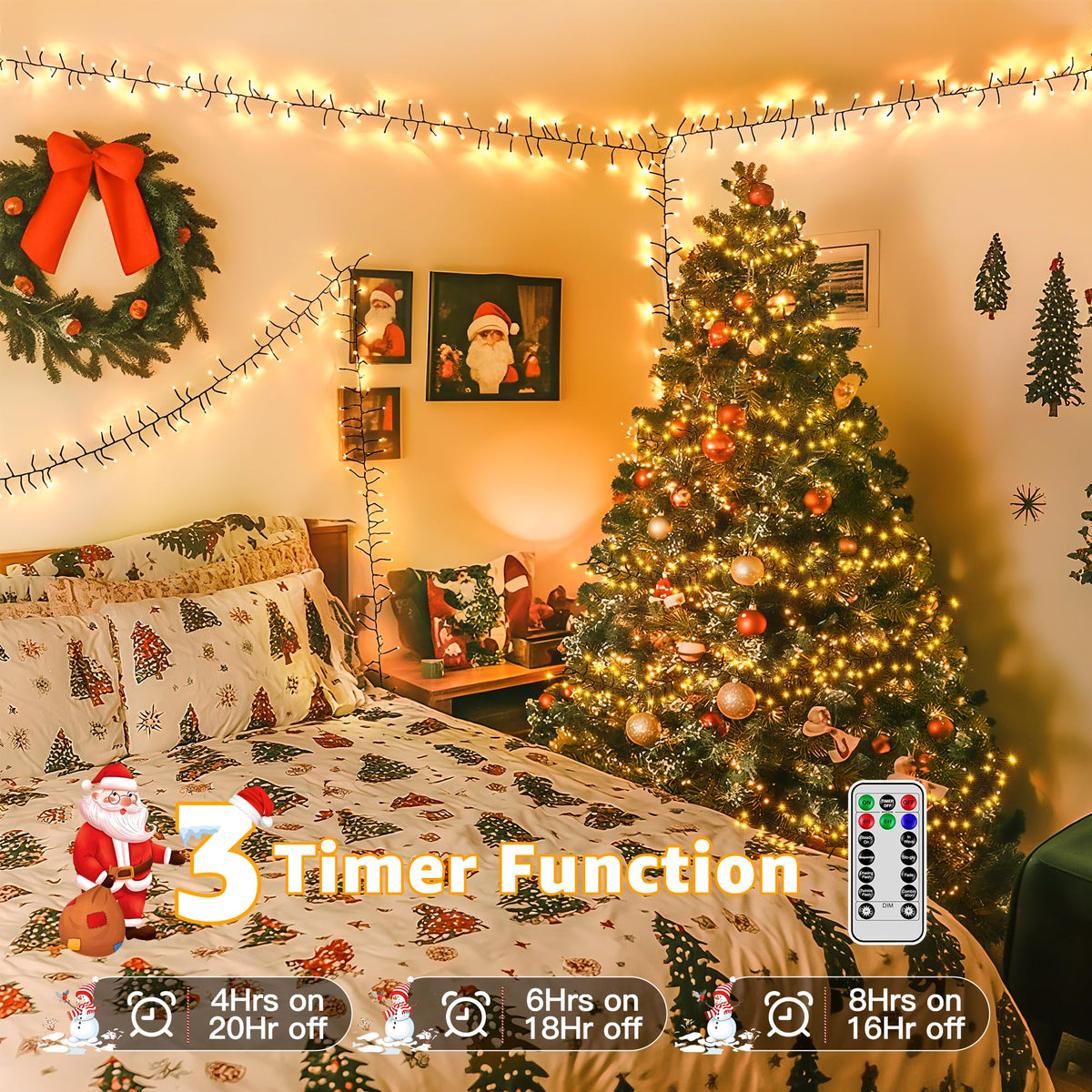 Ccinny 1200 LED 59 FT Cluster Lights, Warm White Christmas Tree Lights 8 Modes Timer Remote, Waterproof String Lights for Indoor Outside Garland Xmas Decorations