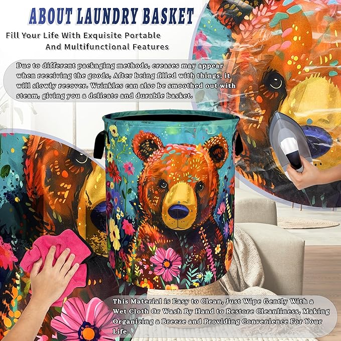 Bear Laundry Basket Oxford Cloth Foldable Colored Animal Flowers Laundry Hamper