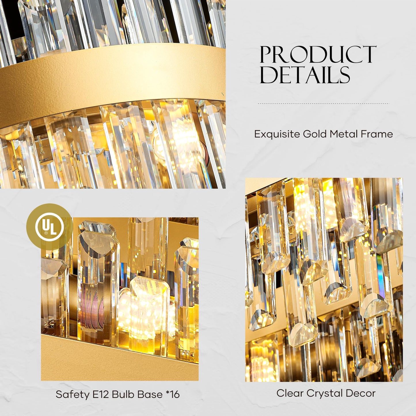 lighceac 39" Modern Gold Rectangle Crystal Chandelier Light Fixtures for Kitchen Island Luxury Linear Crystal Chandeliers for Dining Room 16-Light Long Hanging Pendant Lighting for Entryway Foyer Bar