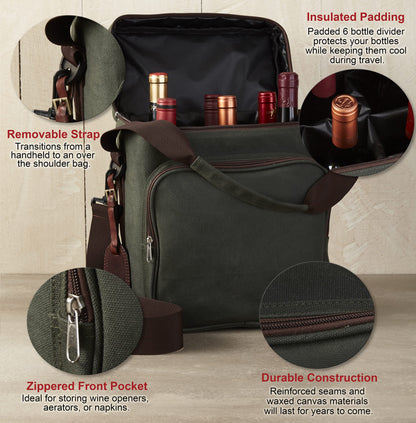 Wine Enthusiast 6-Bottle Waxed Canvas Wine Bag Tote Insulated Wine Carrier Cooler Travel & Picnics Holds Tall Bottles Includes Ice Pack Chilling Reusable Tote Bag for Wine Gifts & Outdoor Gatherings