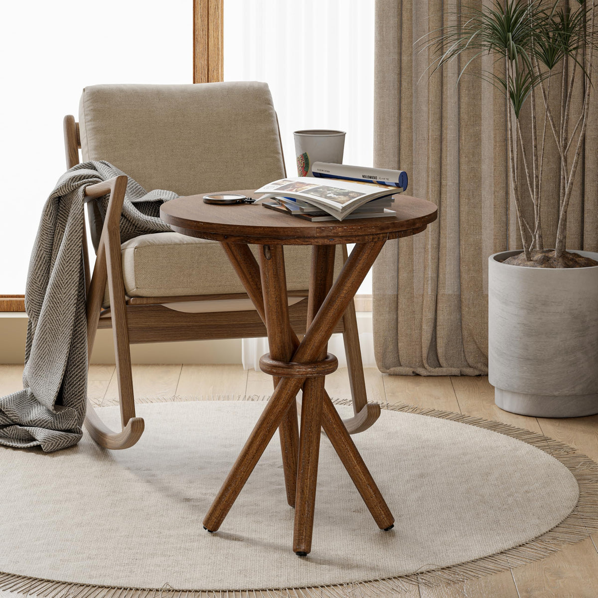 COZAYH Small Round Wood End Table Farmhouse Wooden Side Table Rustic Plant Stand with Bundled Legs for Living Room, Office, Walnut