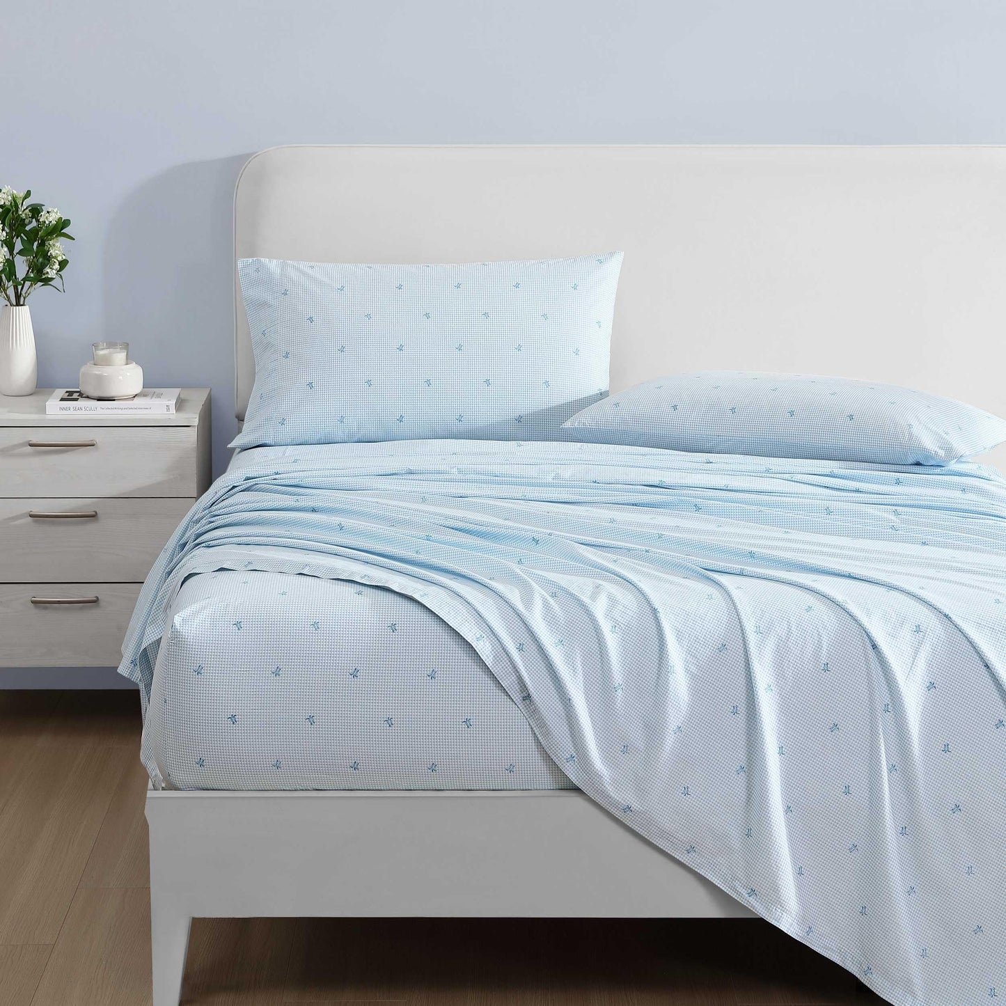 Laura Ashley - King Sheets, Cotton Percale Bedding Set, Lightweight & Breathable Home Decor (Turtle Gingham Blue, King)