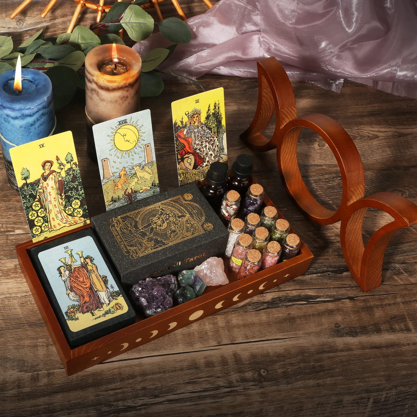 Moon Tray Crystal Holder Set, Wood Moon Phase Crystal Tray for Stones Display with Brown Tarot Card Holder, Witchcraft Crystal Organizer Bowl, Wiccan Altar Supplies
