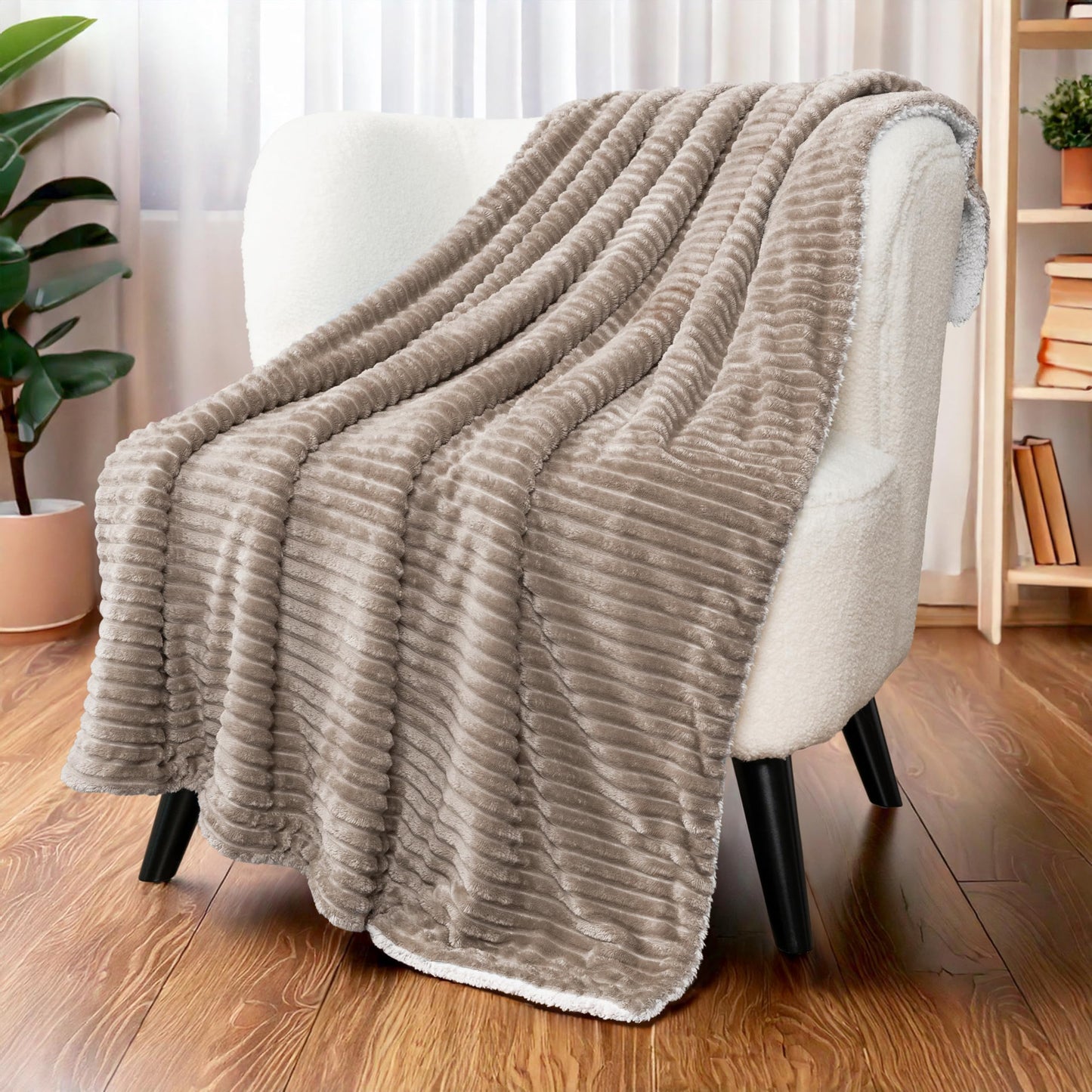 PAVILIA Tan Taupe Sherpa Fleece Throw Blanket for Couch Twin, Soft Plush Fuzzy Blankets, Fluffy Flannel Sherpa Blanket for Bed, Warm 3D Ribbed Winter Blanket Gift, 60x80 inches