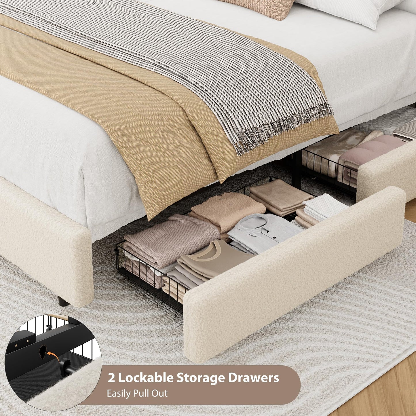 Garvee King Size Teddy Fleece Bed Frame, Upholstered Platform Bed with 2 Storage Drawers, Height Adjustable Cloud Headboard, Thick Soft Teddy Fabric Bed, Modern Style, No Box Spring Required, Cream